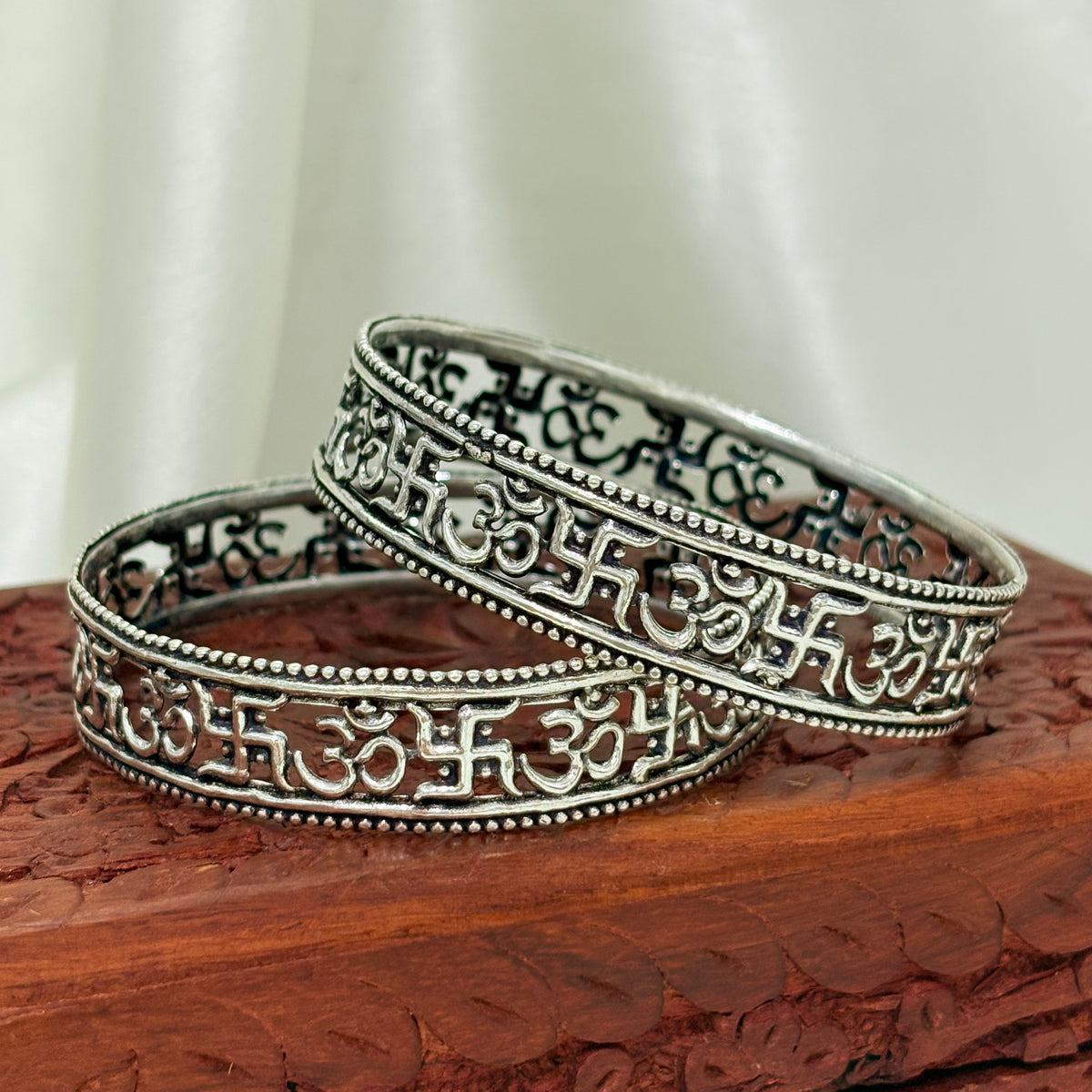 Shubh Swastik Divine Om Engraved Silver Bangle