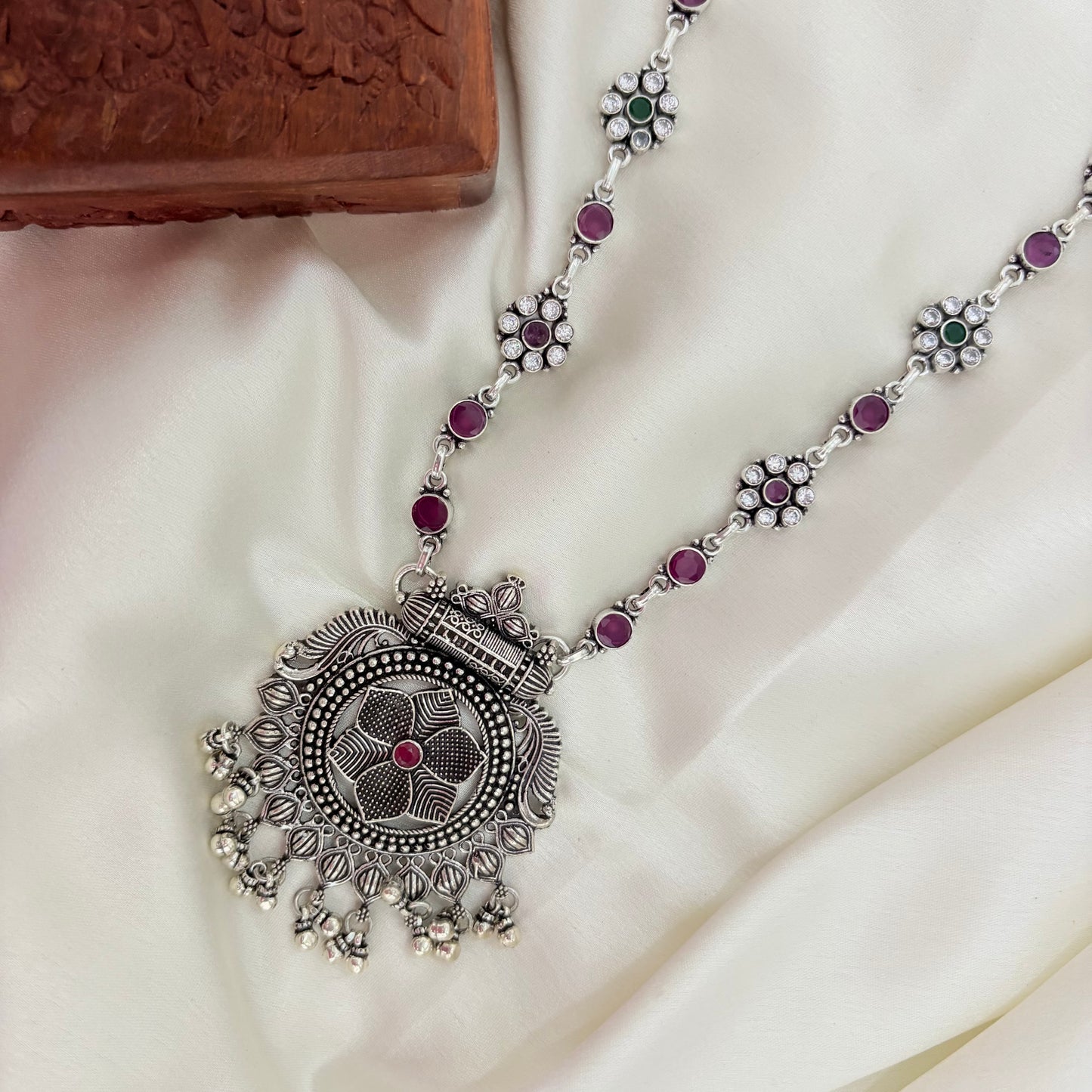 Ruhani Gul Floral Mandala Oxidized Silver Pendant