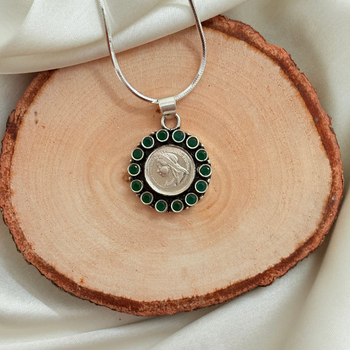 Emerald Silver Coin 925 Silver Pendant