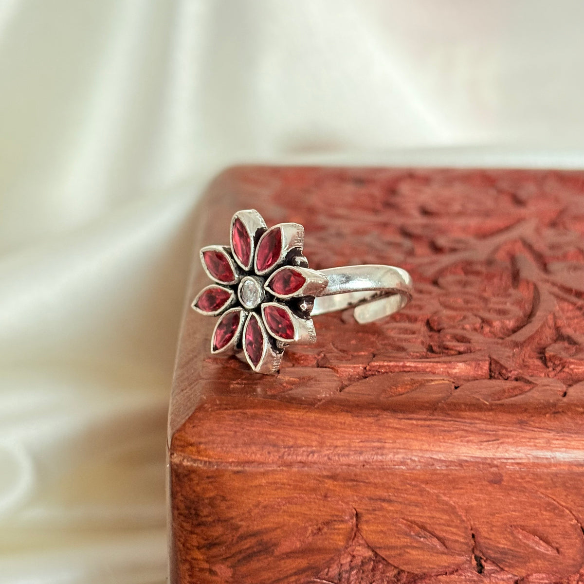 Silver Ruby Floral Minimal Everyday Ring