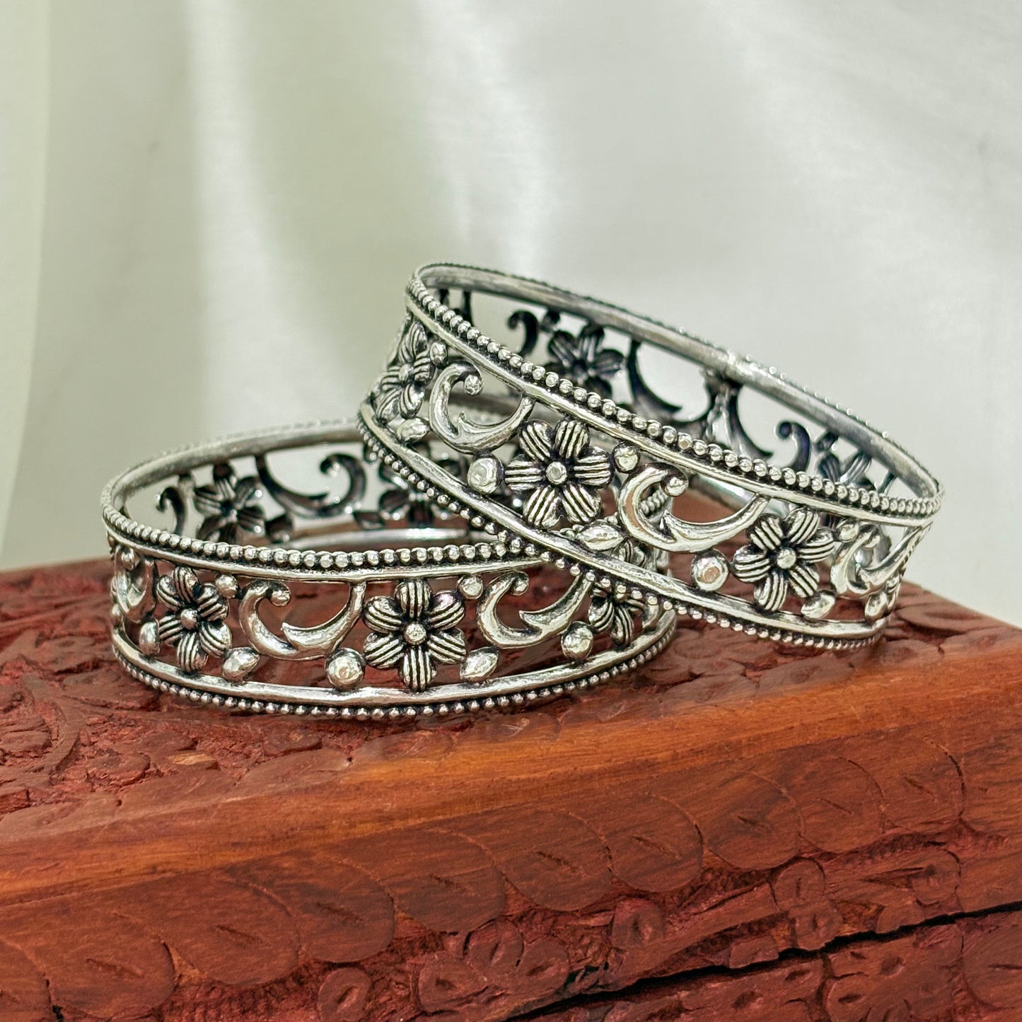Lotus Grace Oxidized Silver Bangle