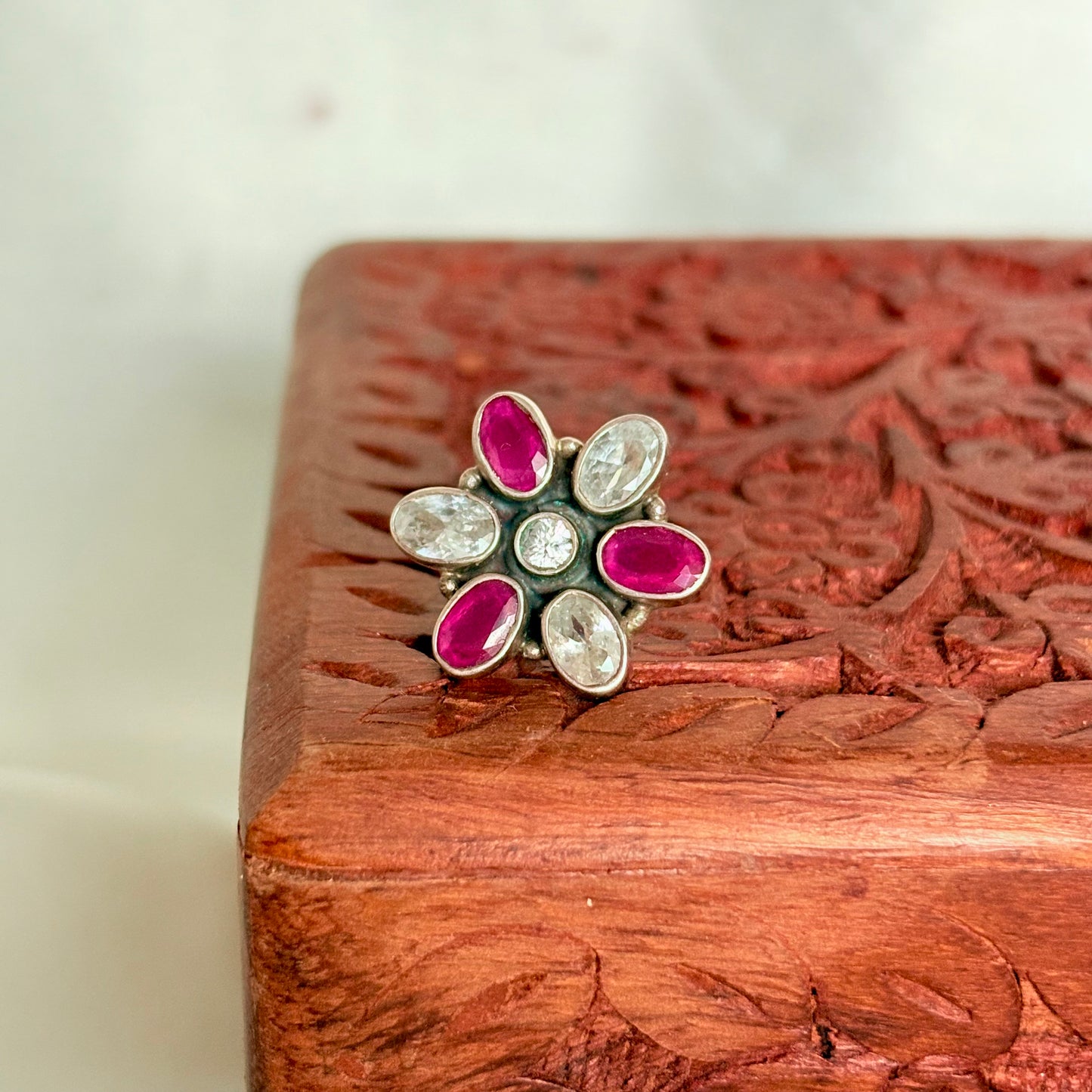 Moon Petal Ruby Floral Silver Ring