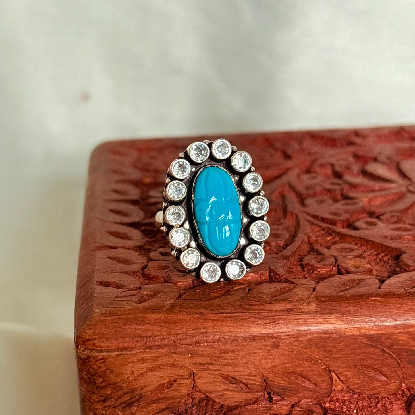 Turquoise Carving Gemstone Adjustable Silver Ring