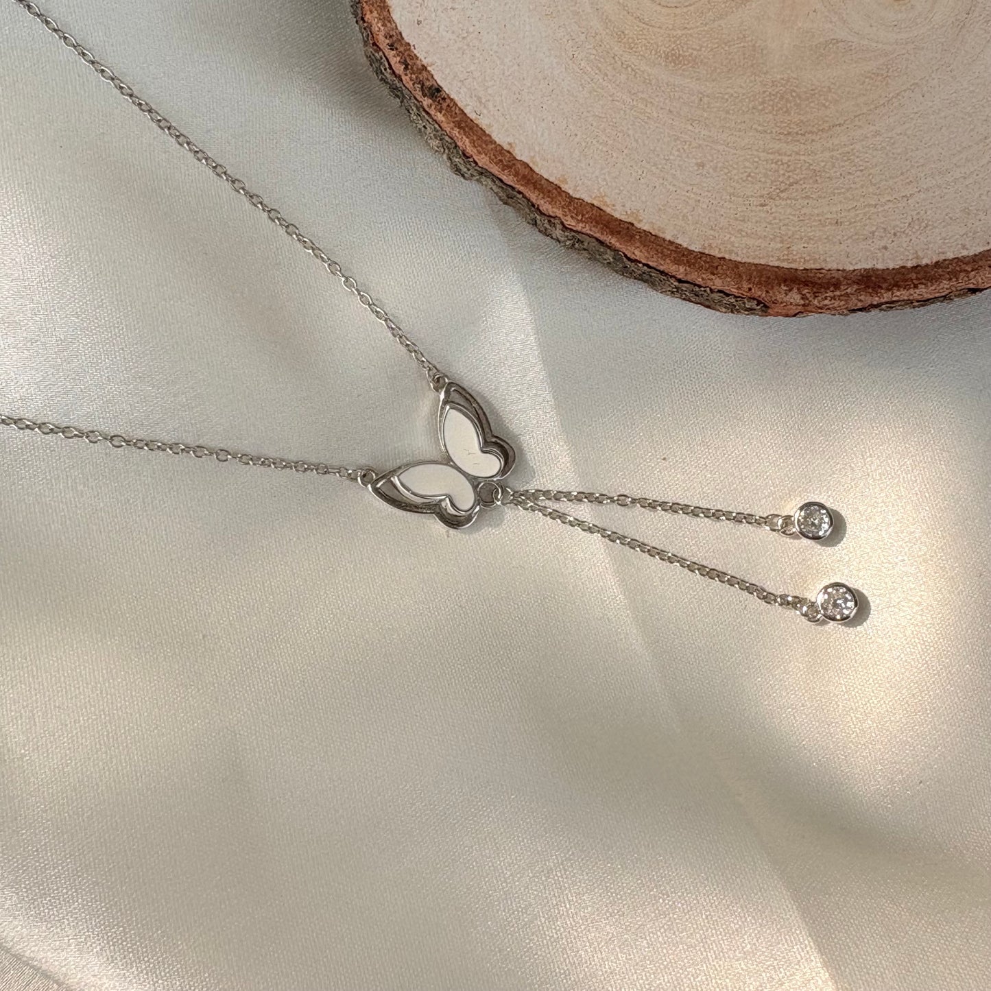 Silver White Enamel Wing Pendant with Crystal Drops