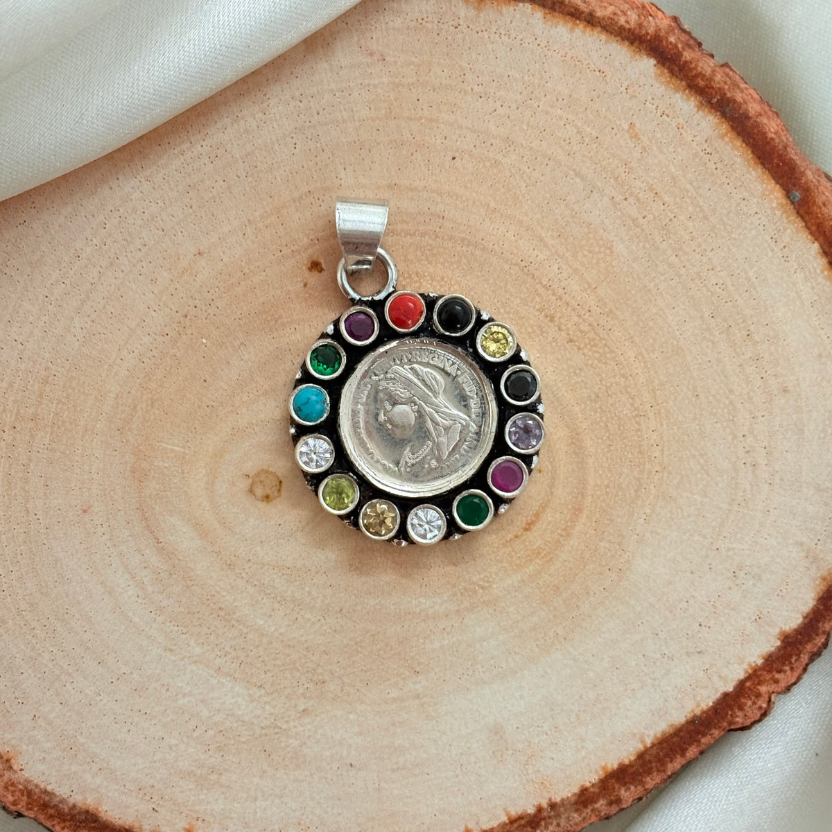 925 Silver Coin Navaratan Pendant