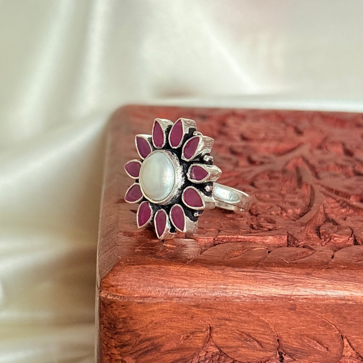 Pearl Ruby Blossom Silver Statement Ring