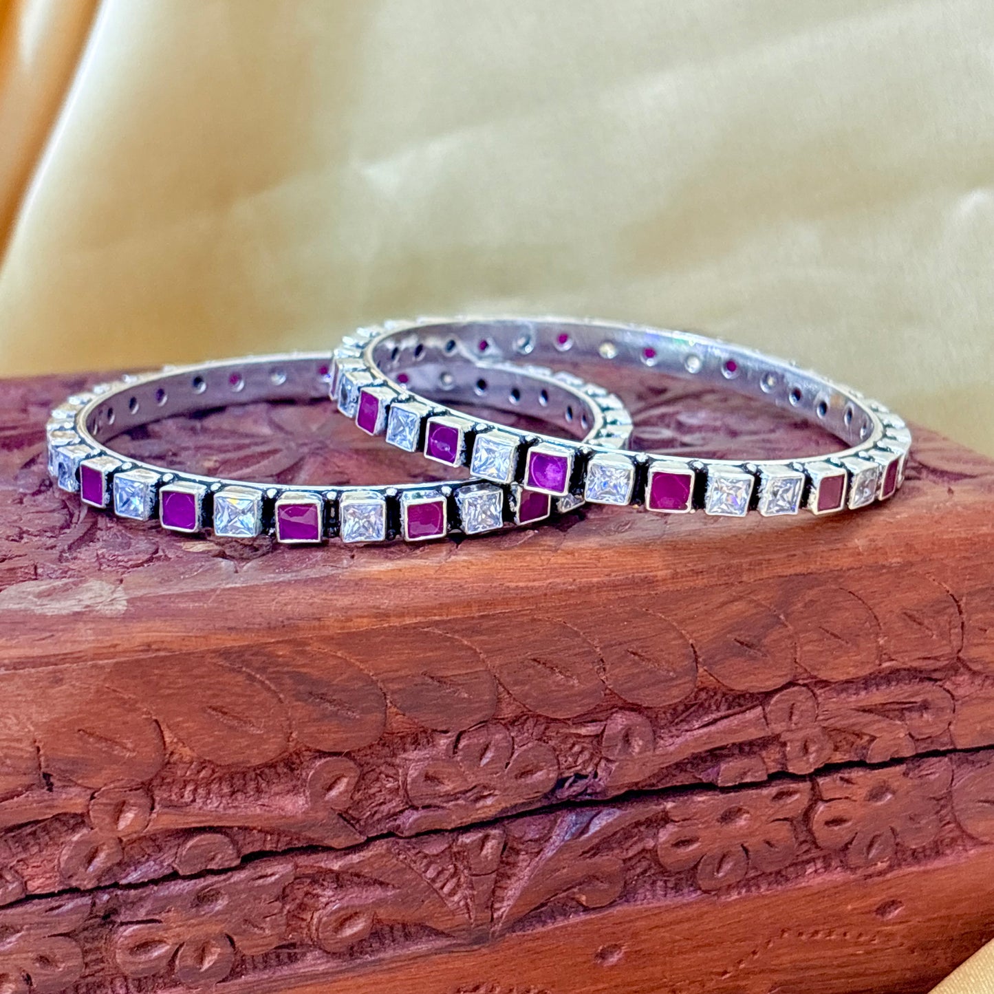 Ruby Square Shape Silver Bangle