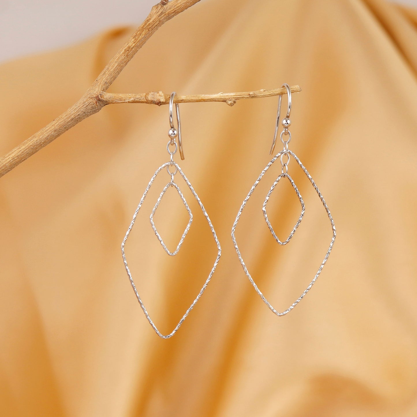 Textured Rhombus Double-Frame Silver Dangles
