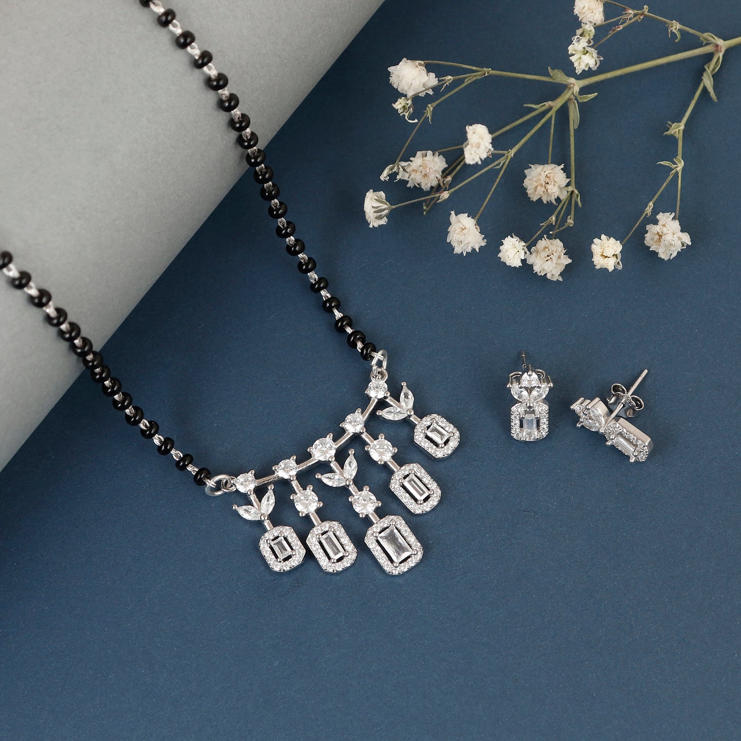 Minimalist Sterling Silver Geometric Fringe Motif Mangalsutra Jewelry Set