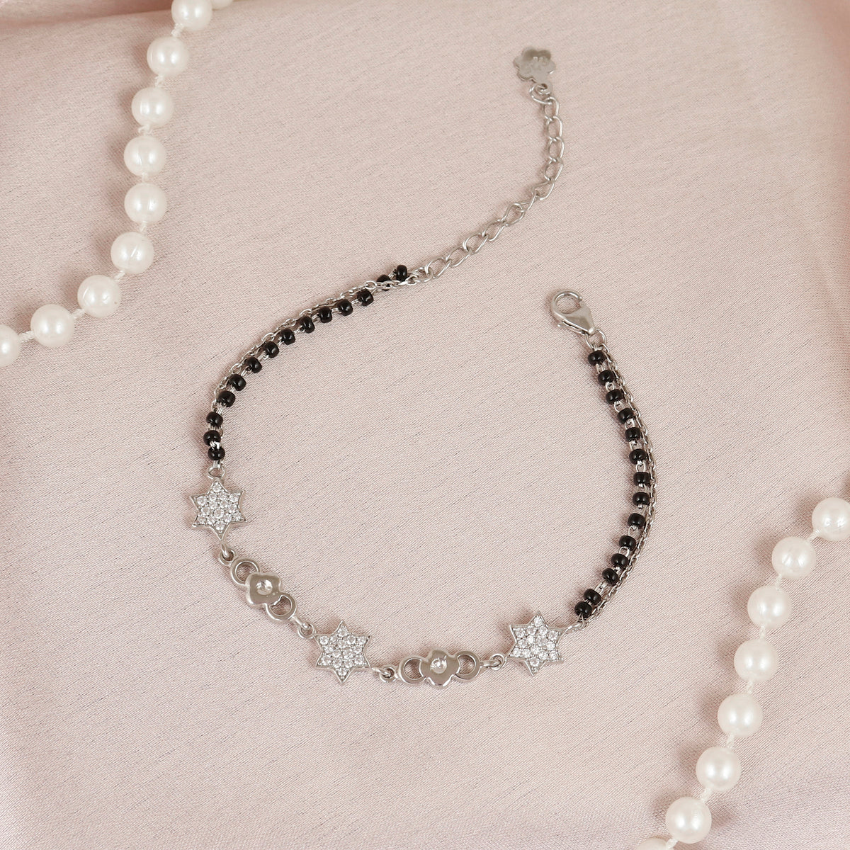 Adjustable Silver Star and Flower Charm Mangalsutra Bracelet