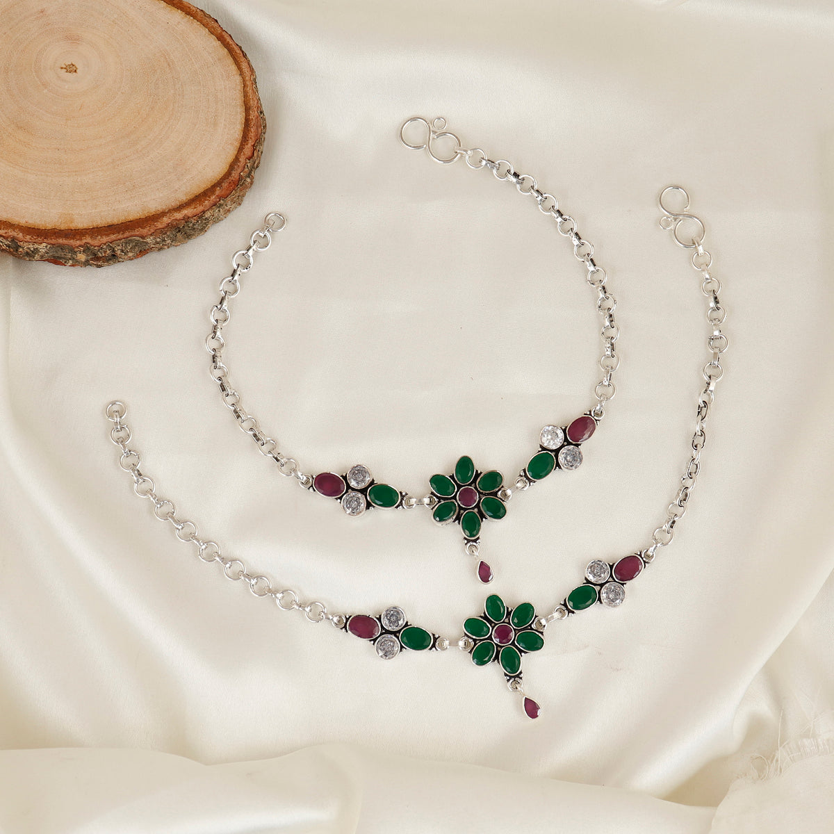 Enchanted Emerald & Ruby Bloom Silver Anklets