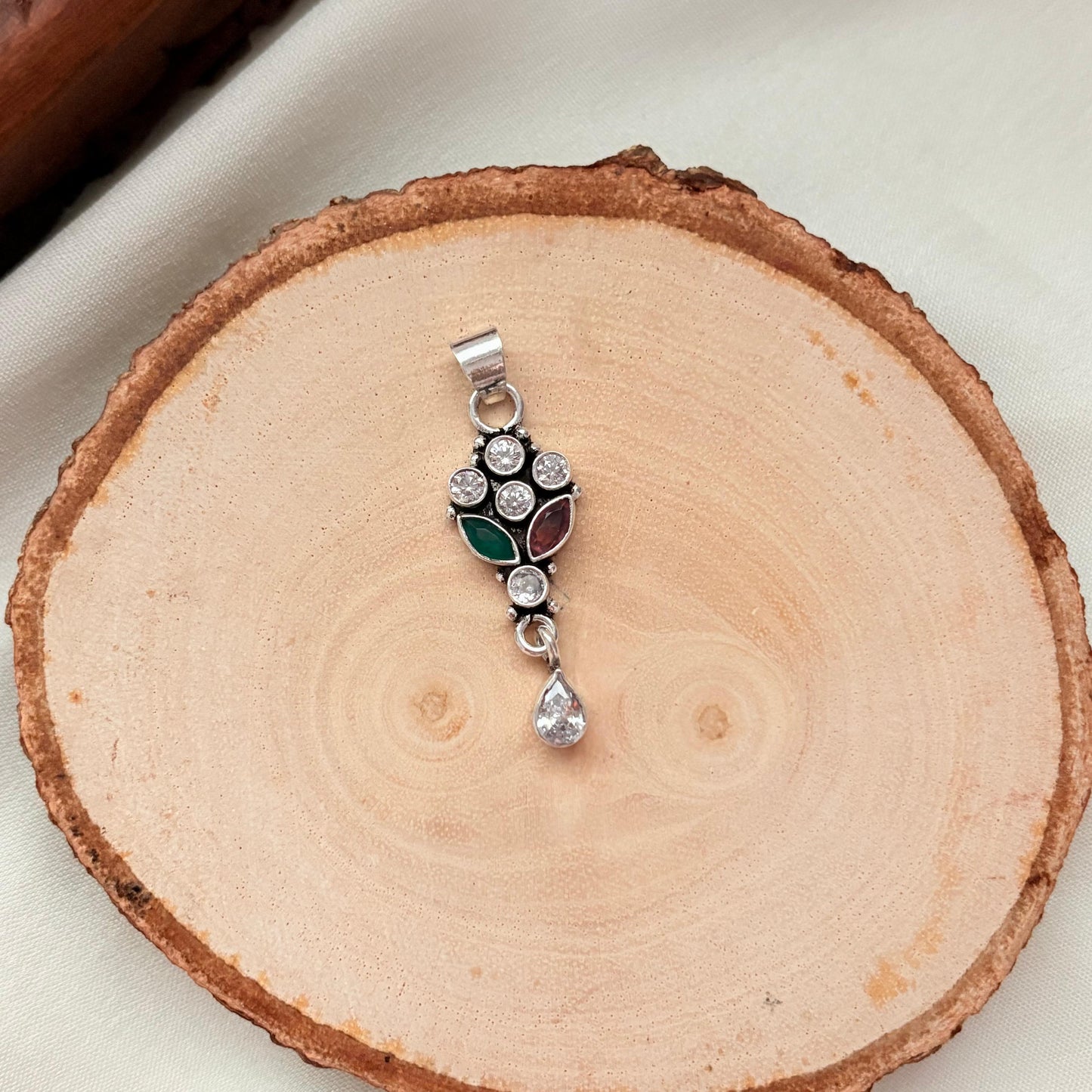 Emerald and Ruby Glimmering Silver Pendant