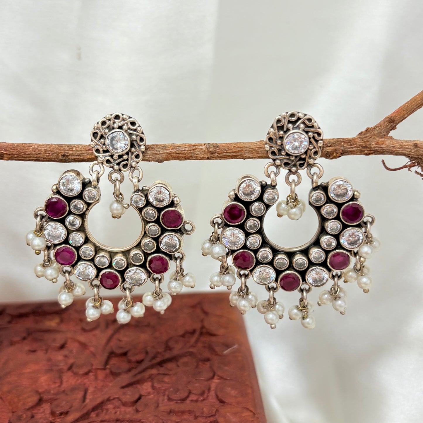Luxury 925 Silver Ruby & Brilliant Zirconia Chandbalis