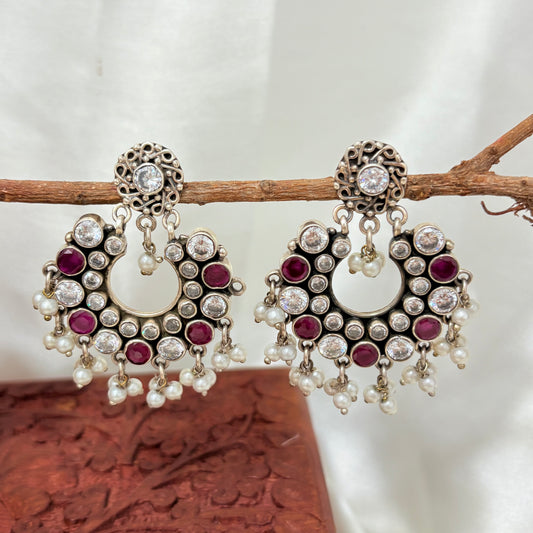 Luxury 925 Silver Ruby & Brilliant Zirconia Chandbalis