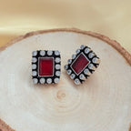 Crimson Halo Rectangular Silver Stud Earrings