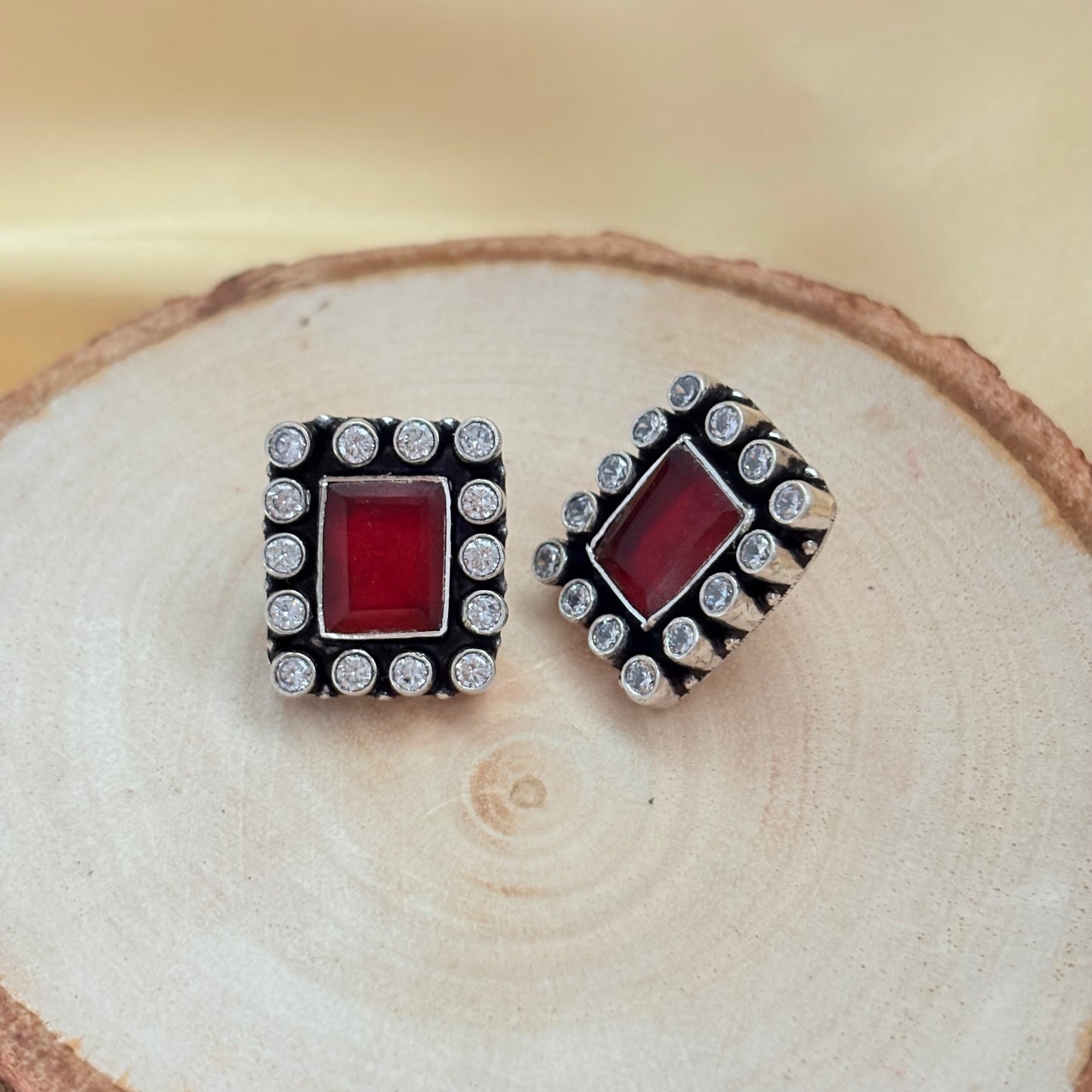 Crimson Halo Rectangular Silver Stud Earrings