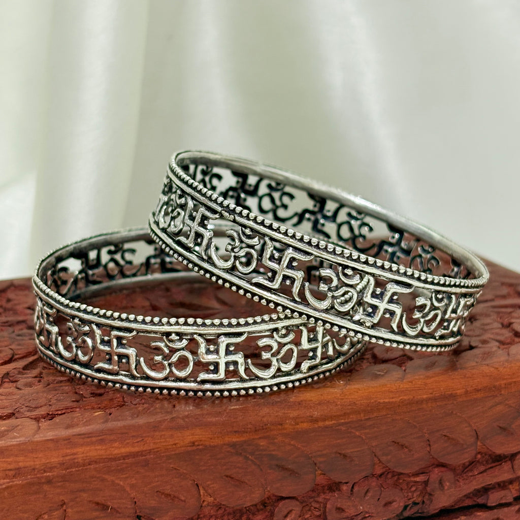 Shubh Swastik Divine Om Engraved Silver Bangle