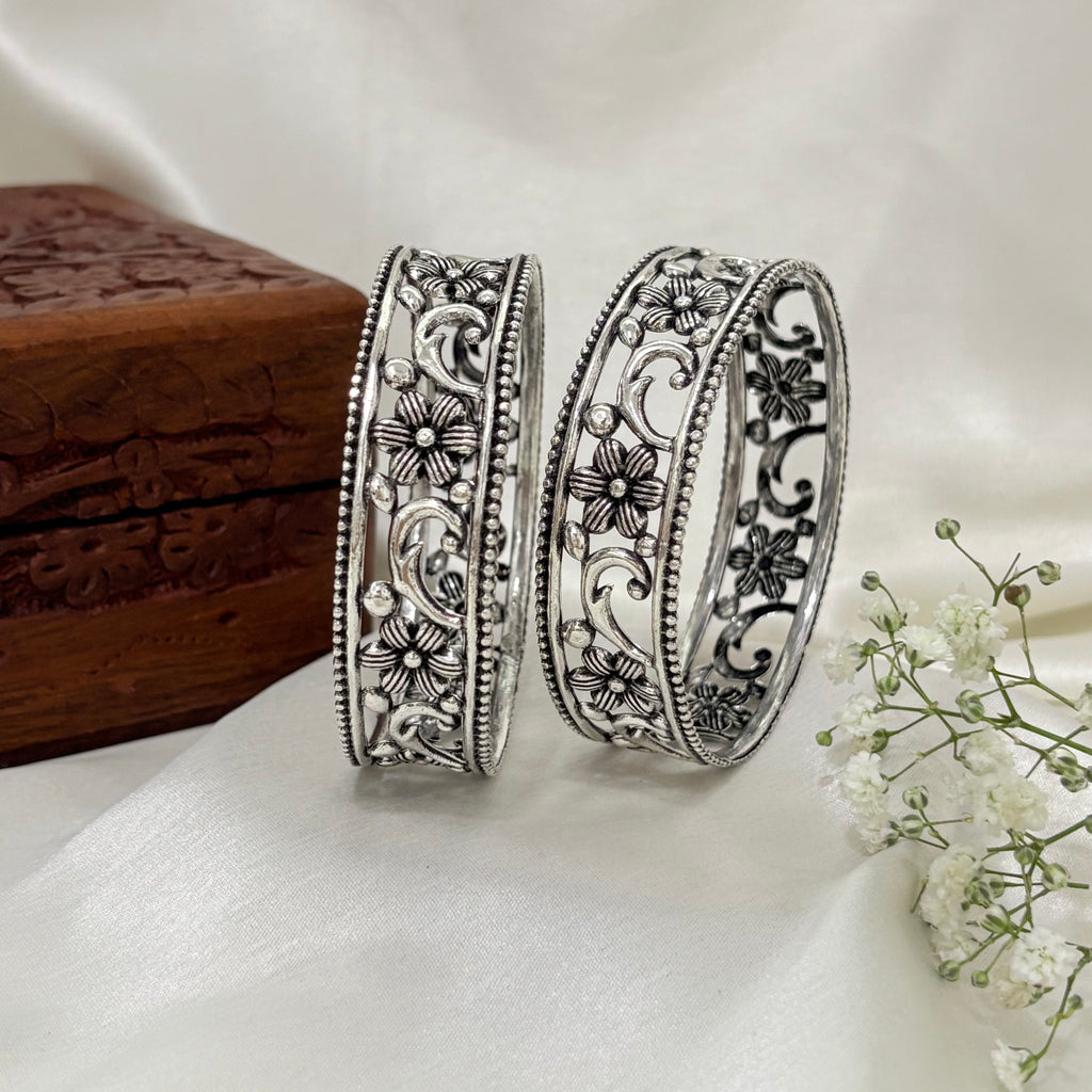Lotus Grace Oxidized Silver Bangle