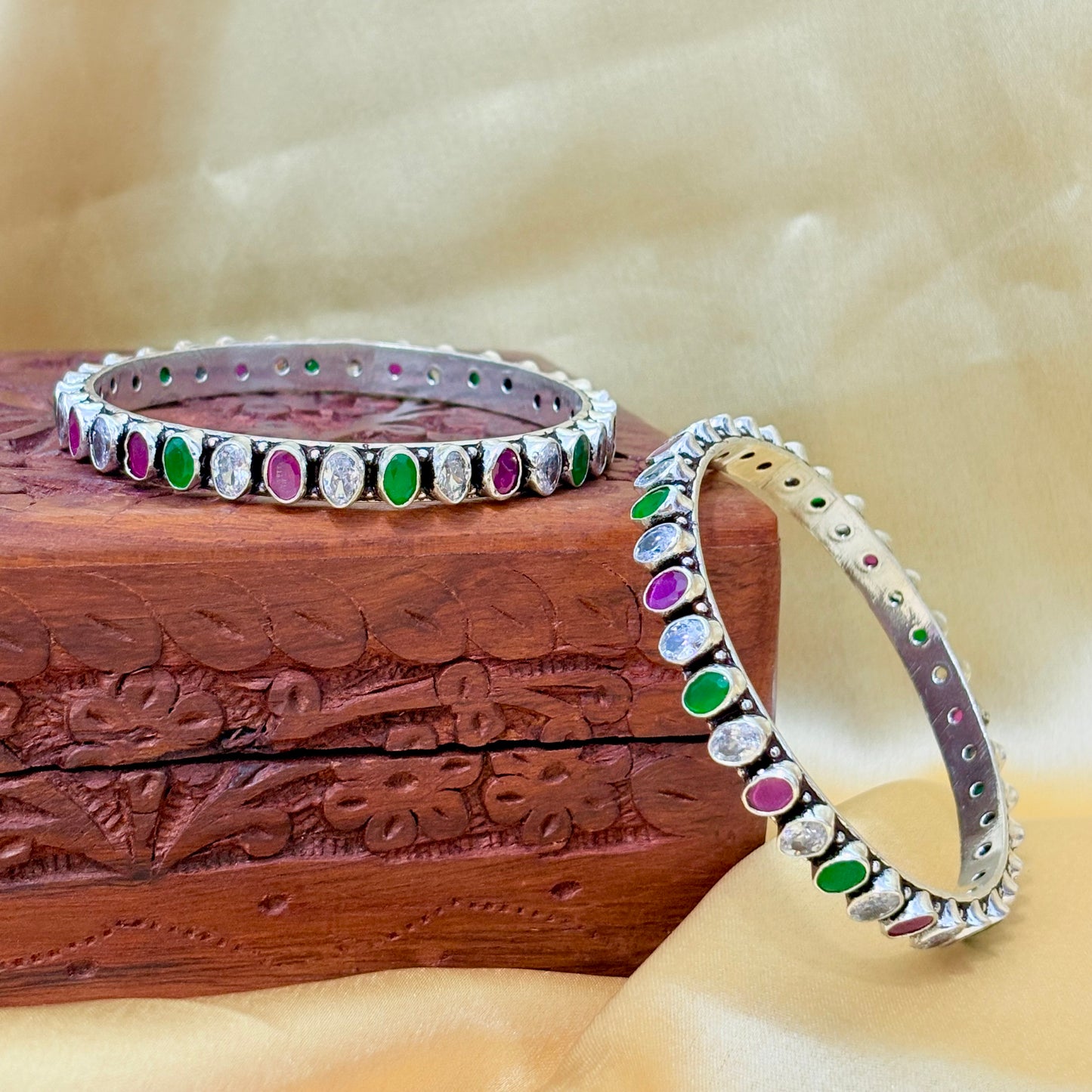 Multicolor Oval Shape Stone Silver Bangle
