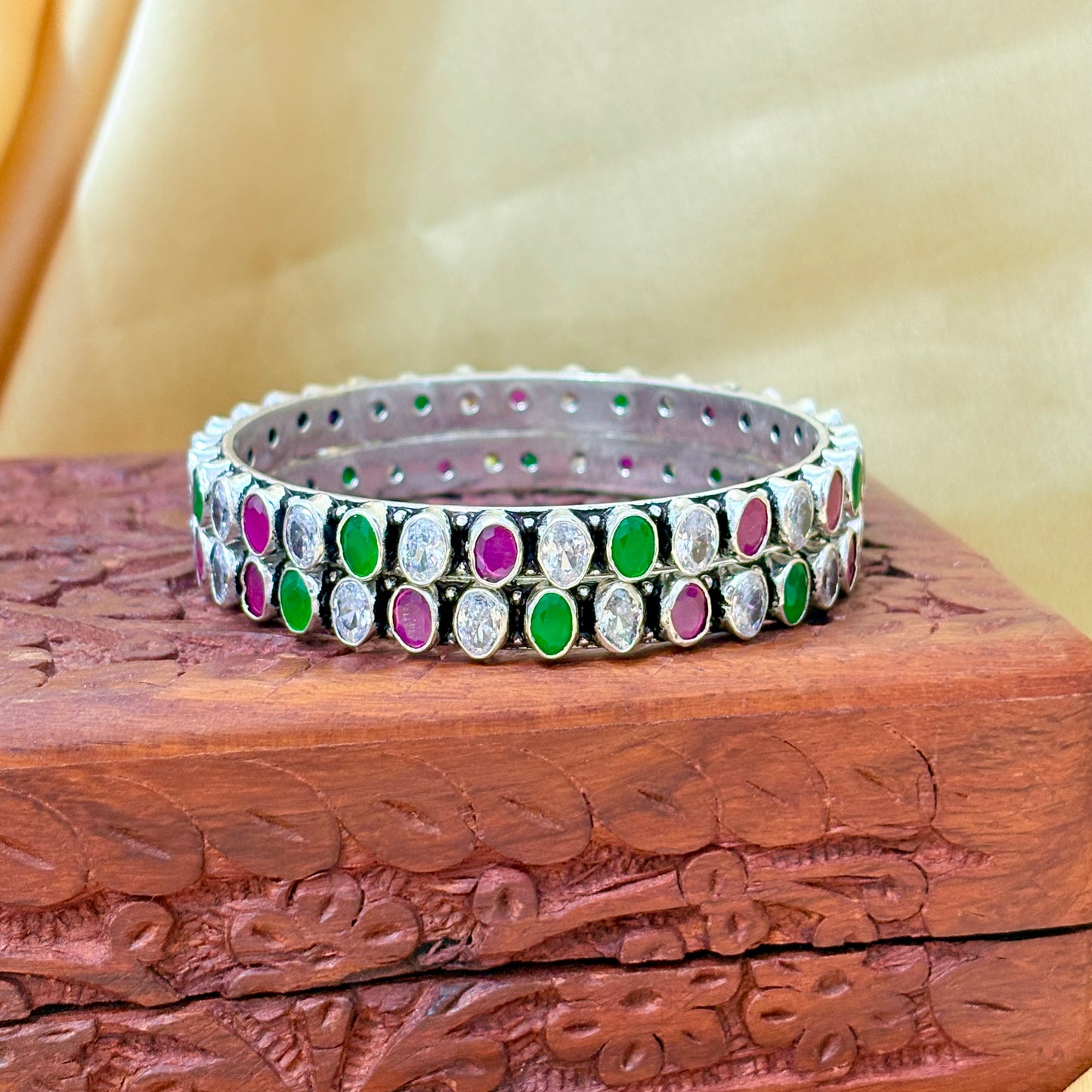 Multicolor Oval Shape Stone Silver Bangle