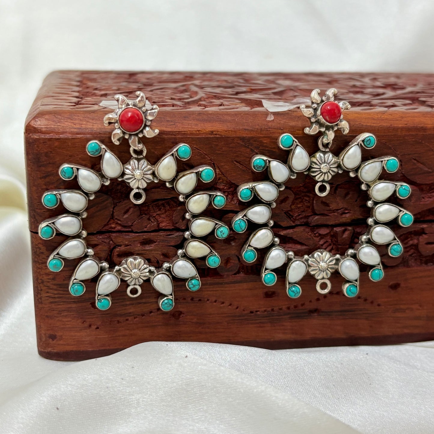 925 Silver Multi-Stone Turquoise and Coral Inlay Chandbalis