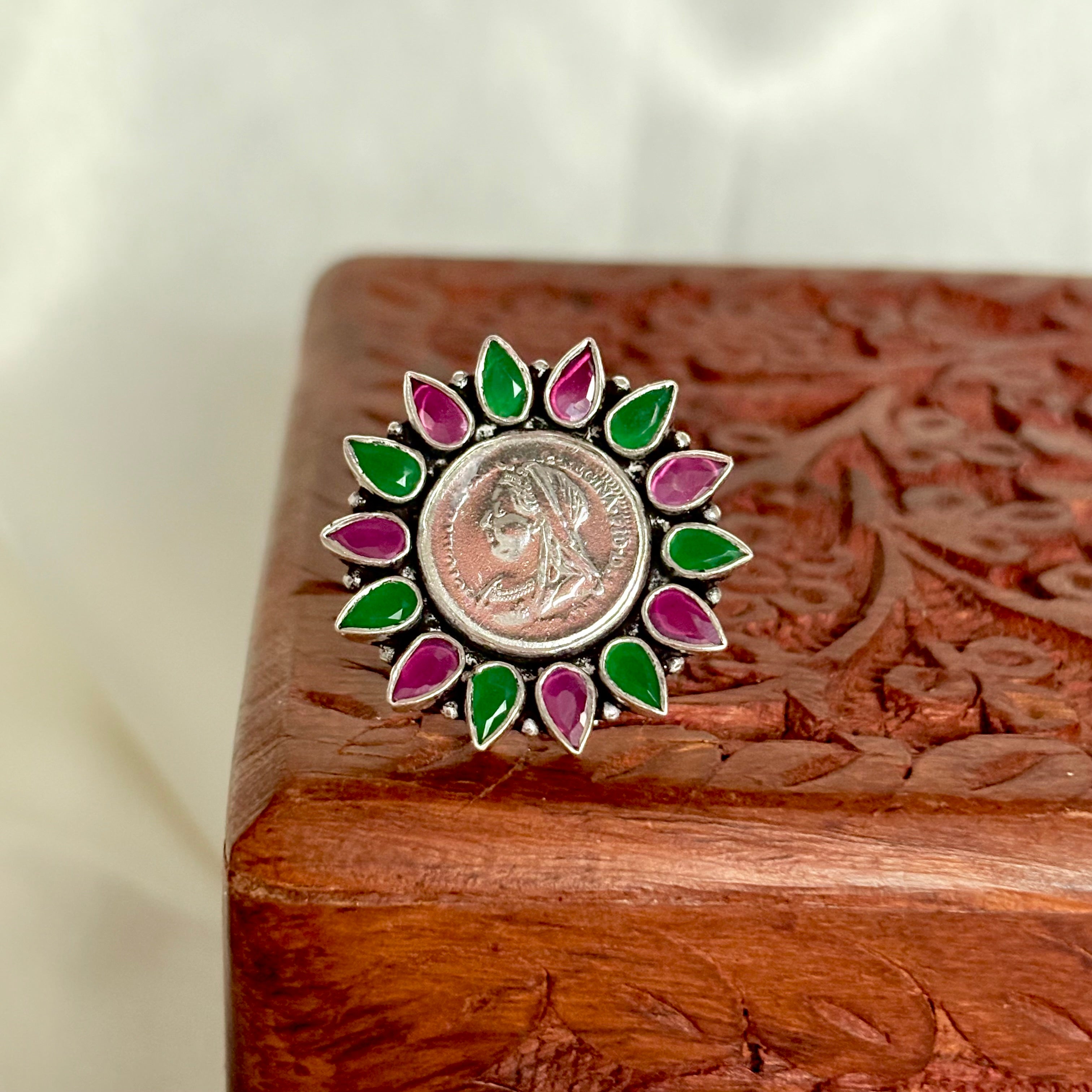 Rajratna Multicolor Silver Coin Statement Ring