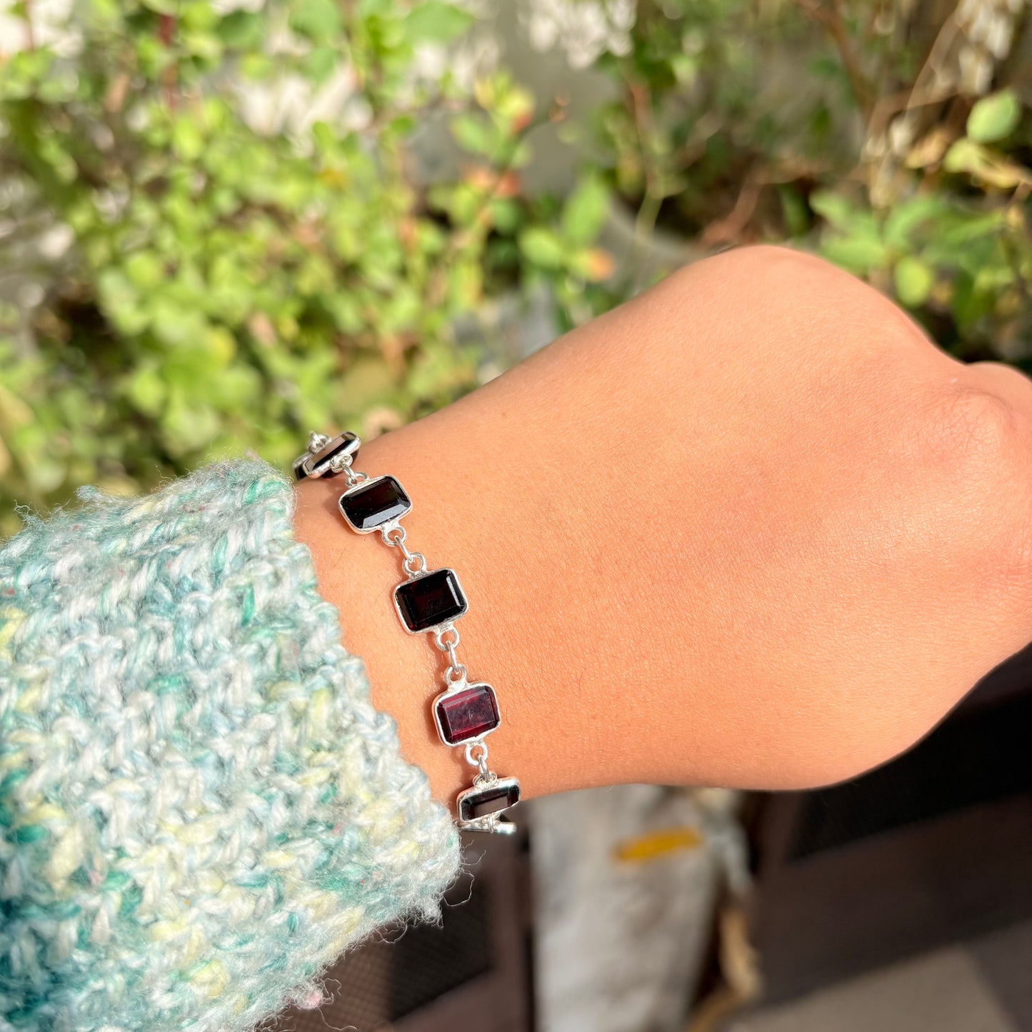Garnet Silver Link Bracelet