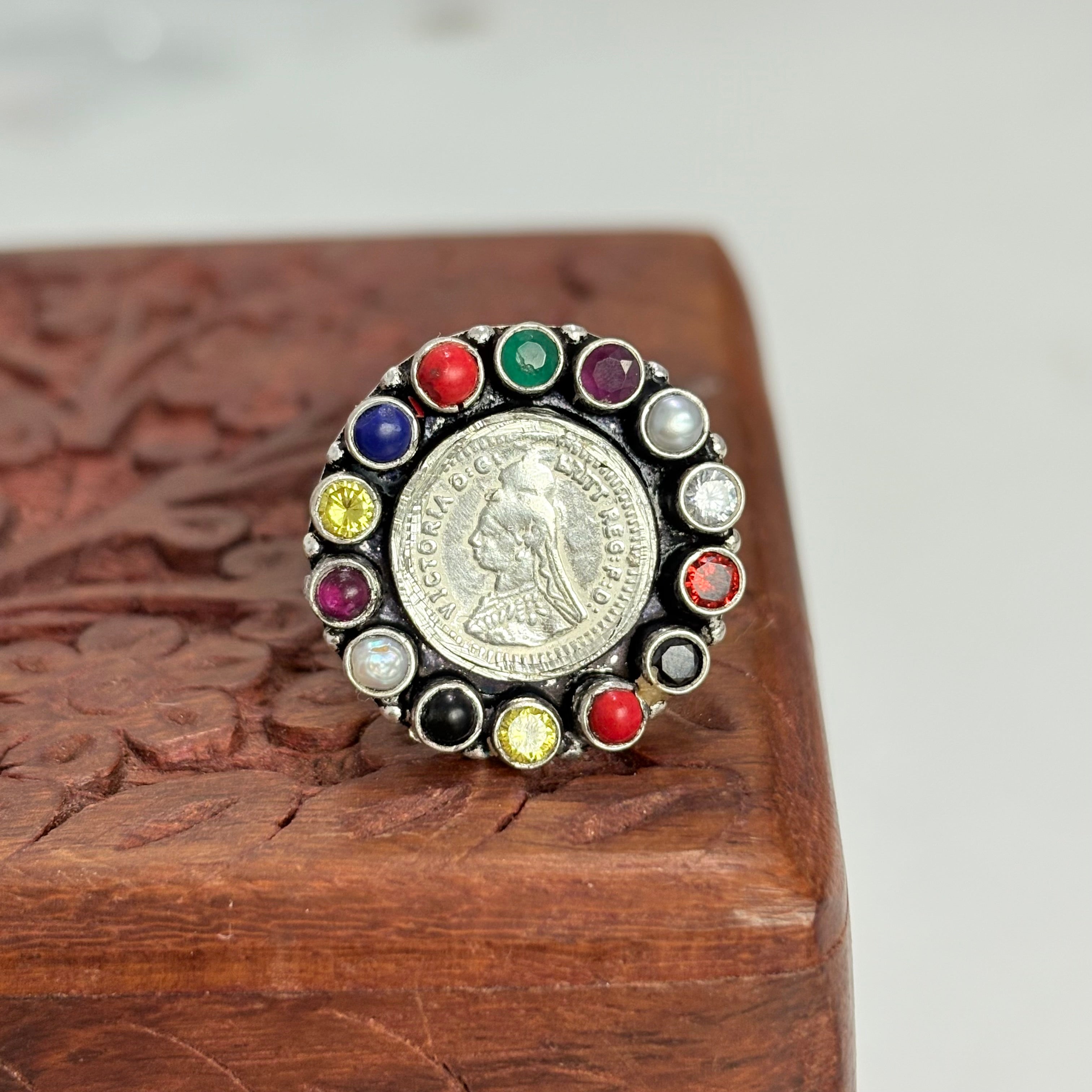 925 Silver Coin Navaratan Ring