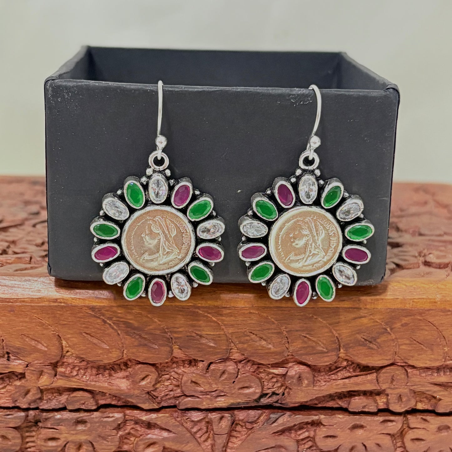 Silver Coin Oval Multicolor Silver Earring