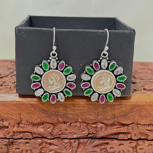 Silver Coin Oval Multicolor Silver Earring