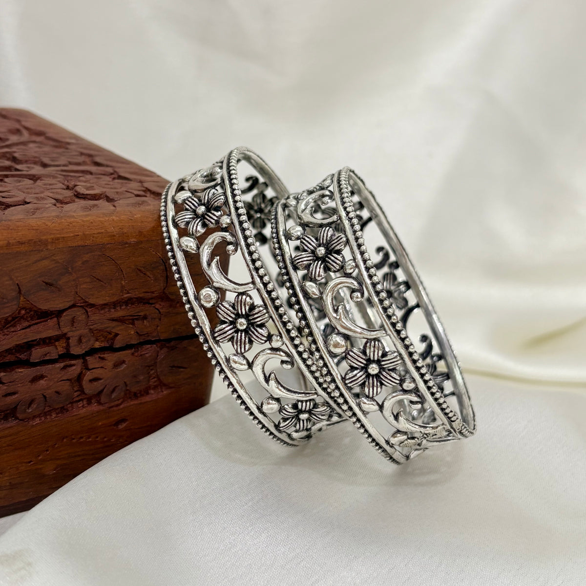 Lotus Grace Oxidized Silver Bangle