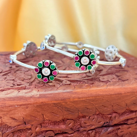 Flower Cubic Zirconia Silver Bangle