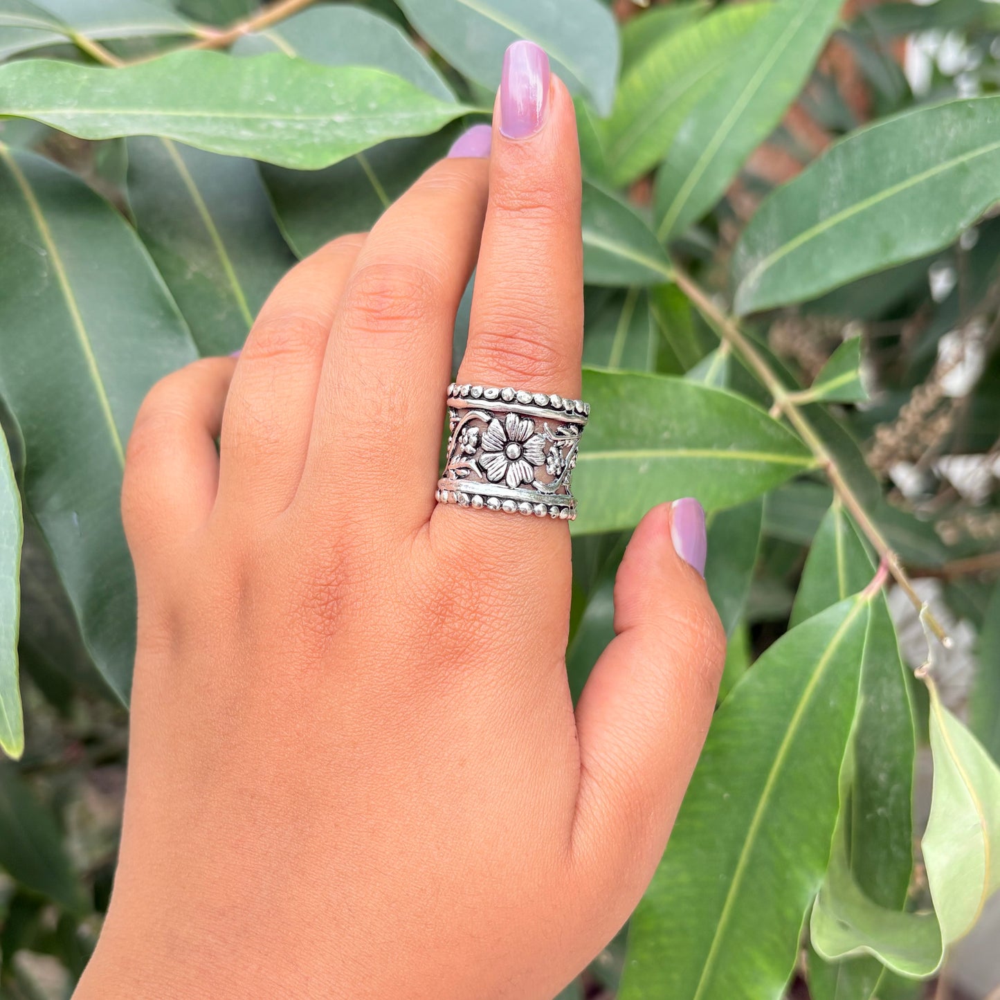 Oxidized Silver Floral Band Ring