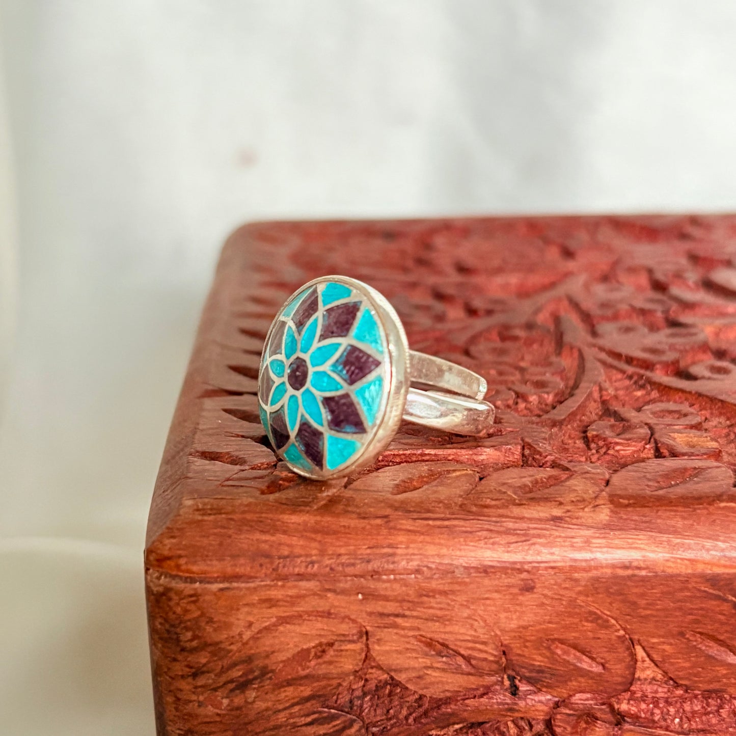 Floral Mandala 925 Sterling Silver Enamel Ring