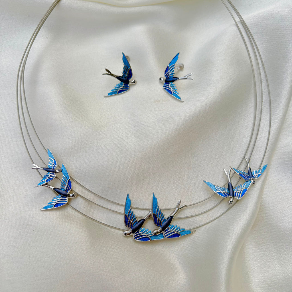 Blue Enamel Flying Bird Korean Silver Necklace Set