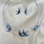 Blue Enamel Flying Bird Korean Silver Necklace Set