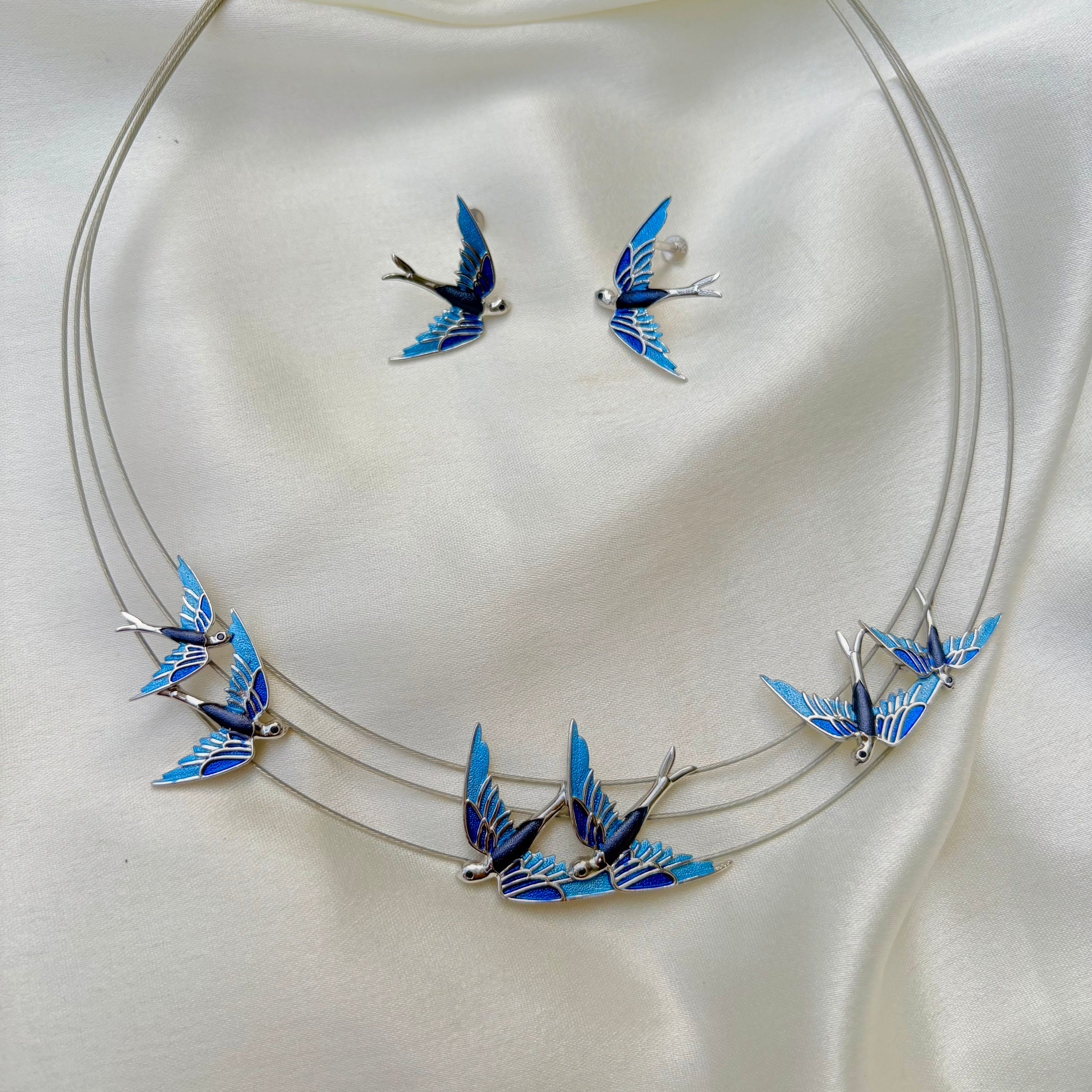 Blue Enamel Flying Bird Korean Silver Necklace Set