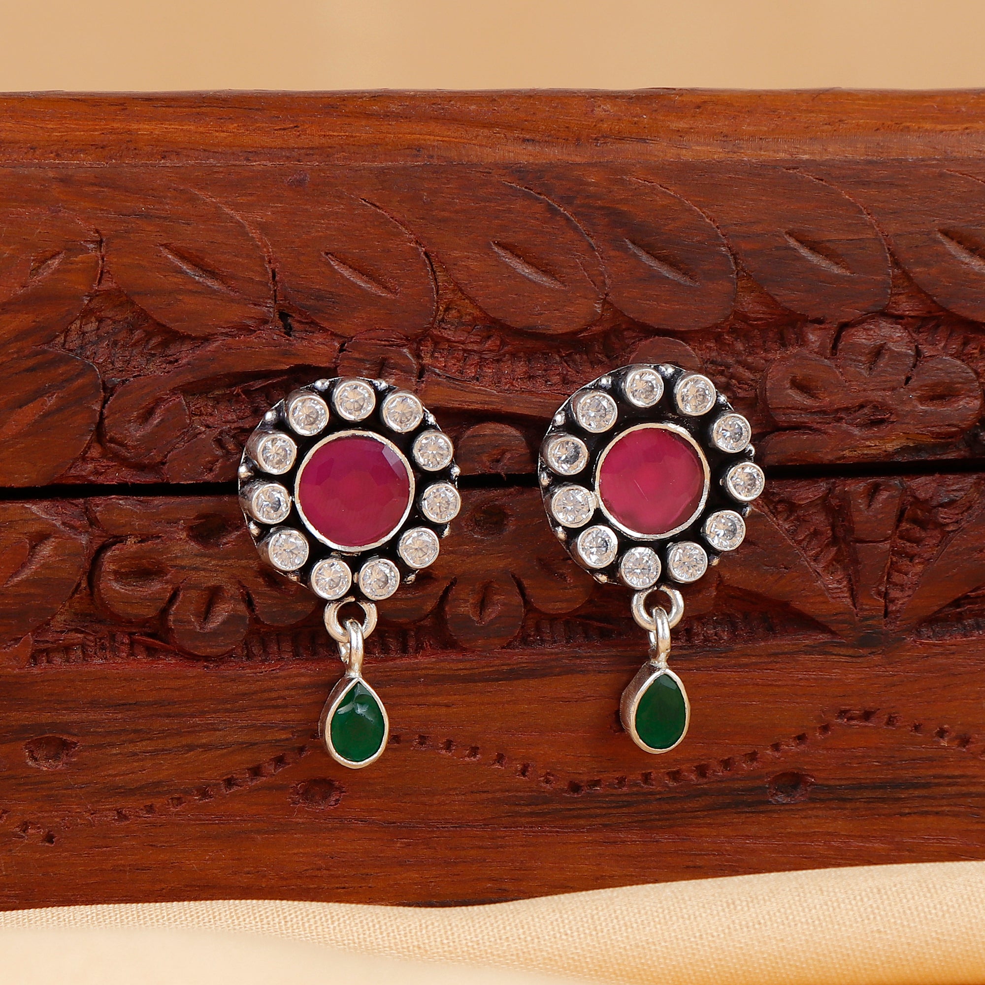 Ruby and Emerald Drop Statement Silver Earring