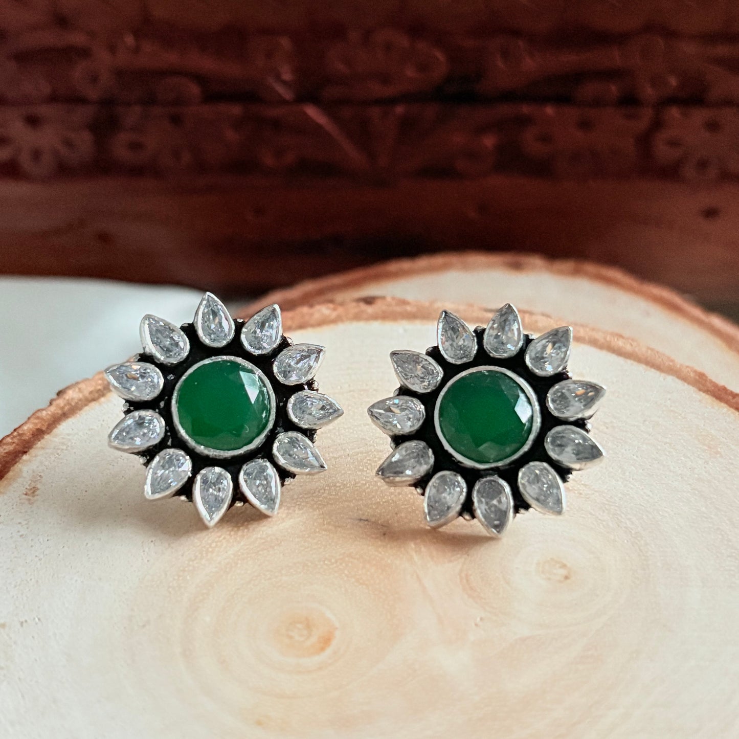Emerald Glow Halo Silver Studs