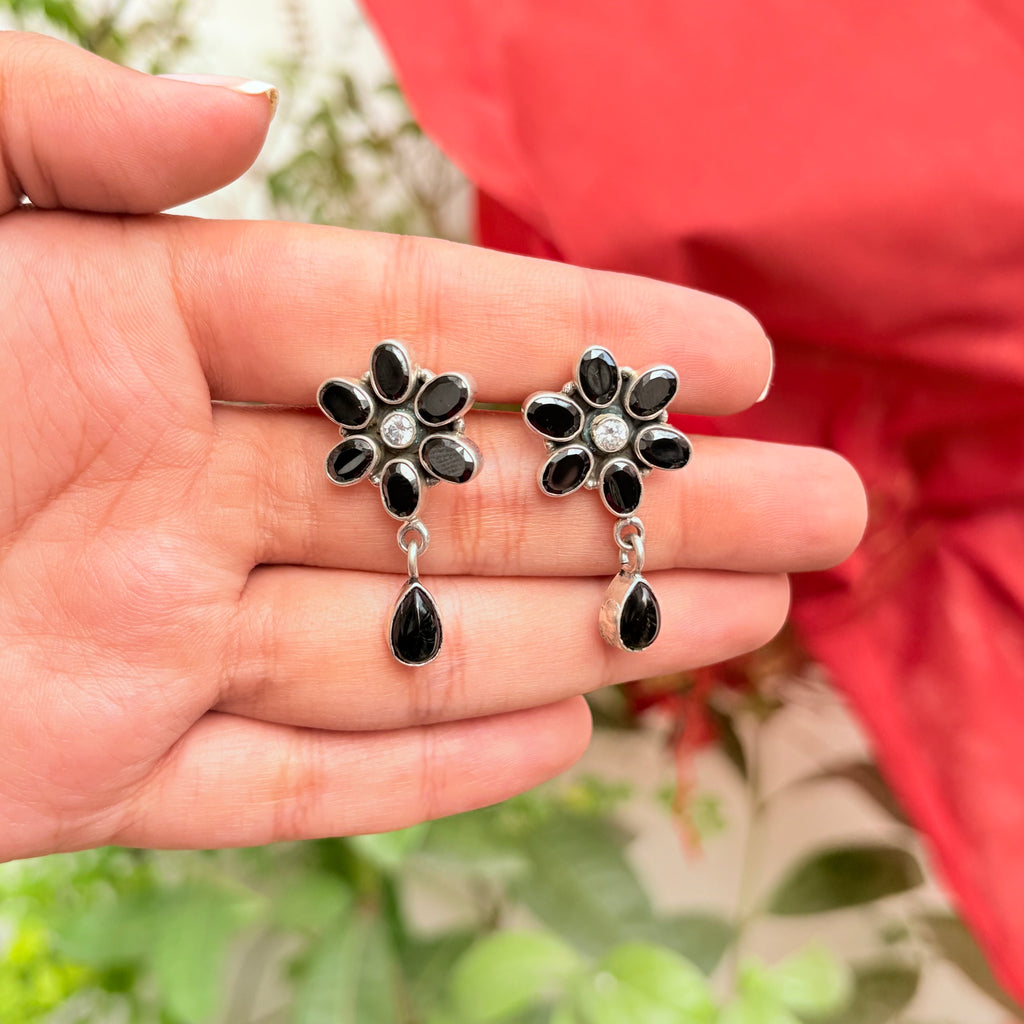 Handcrafted Black Onyx Sterling Silver Floral Jewelry Set