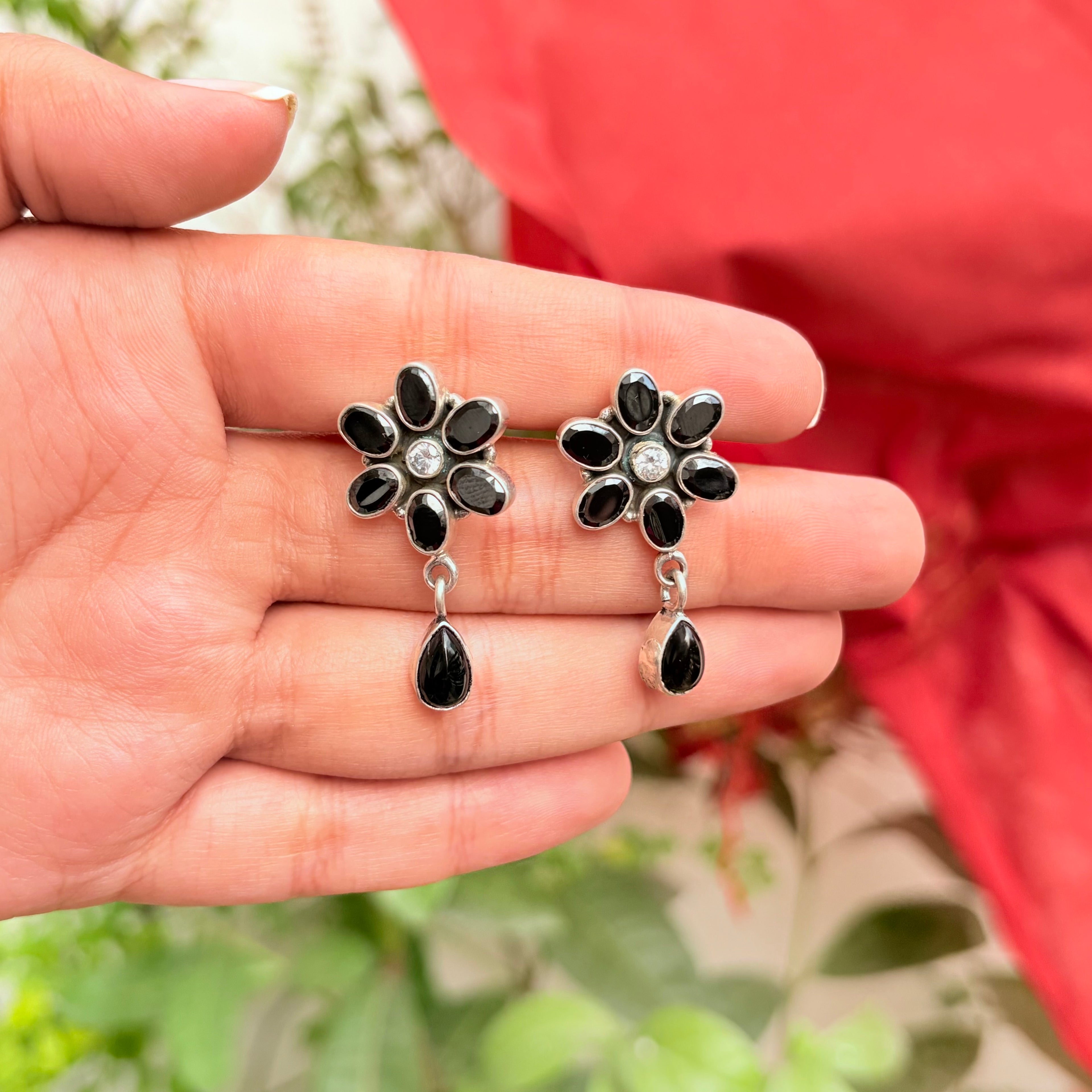 Handcrafted Black Onyx Sterling Silver Floral Jewelry Set