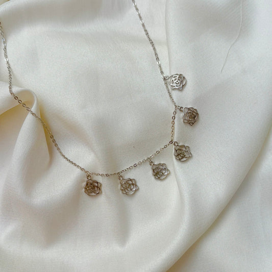 Rose Charm Dangle Silver Necklace