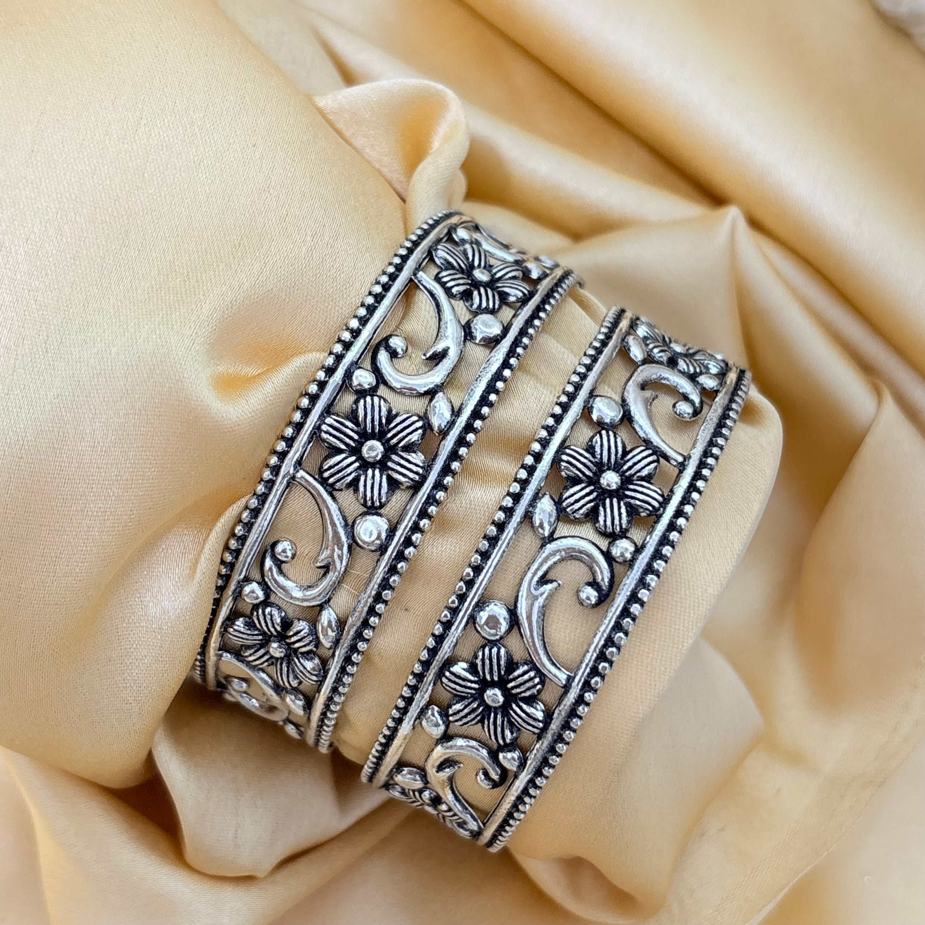Lotus Grace Oxidized Silver Bangle