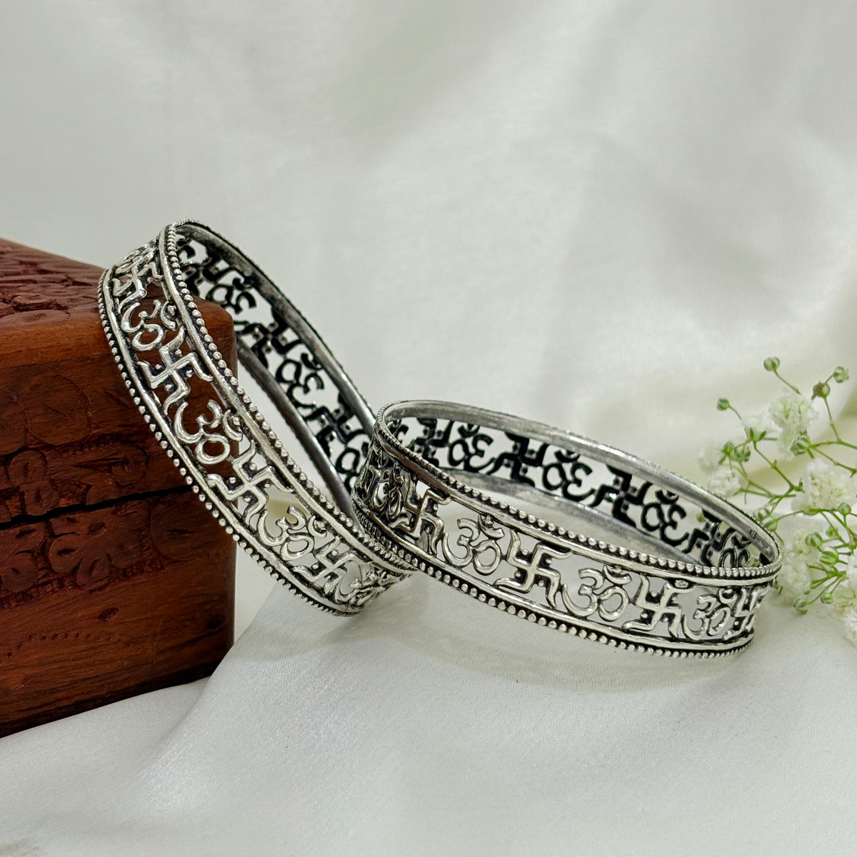 Shubh Swastik Divine Om Engraved Silver Bangle