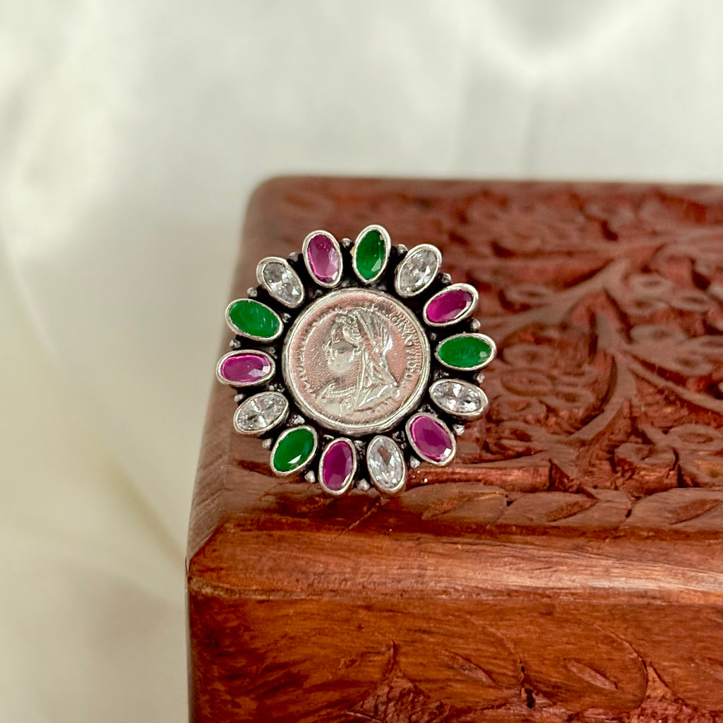 Silver Coin Oval Multicolour Silver Ring