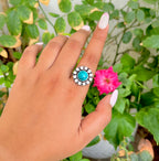 Turquoise Boho Floral Silver Adjustable Ring