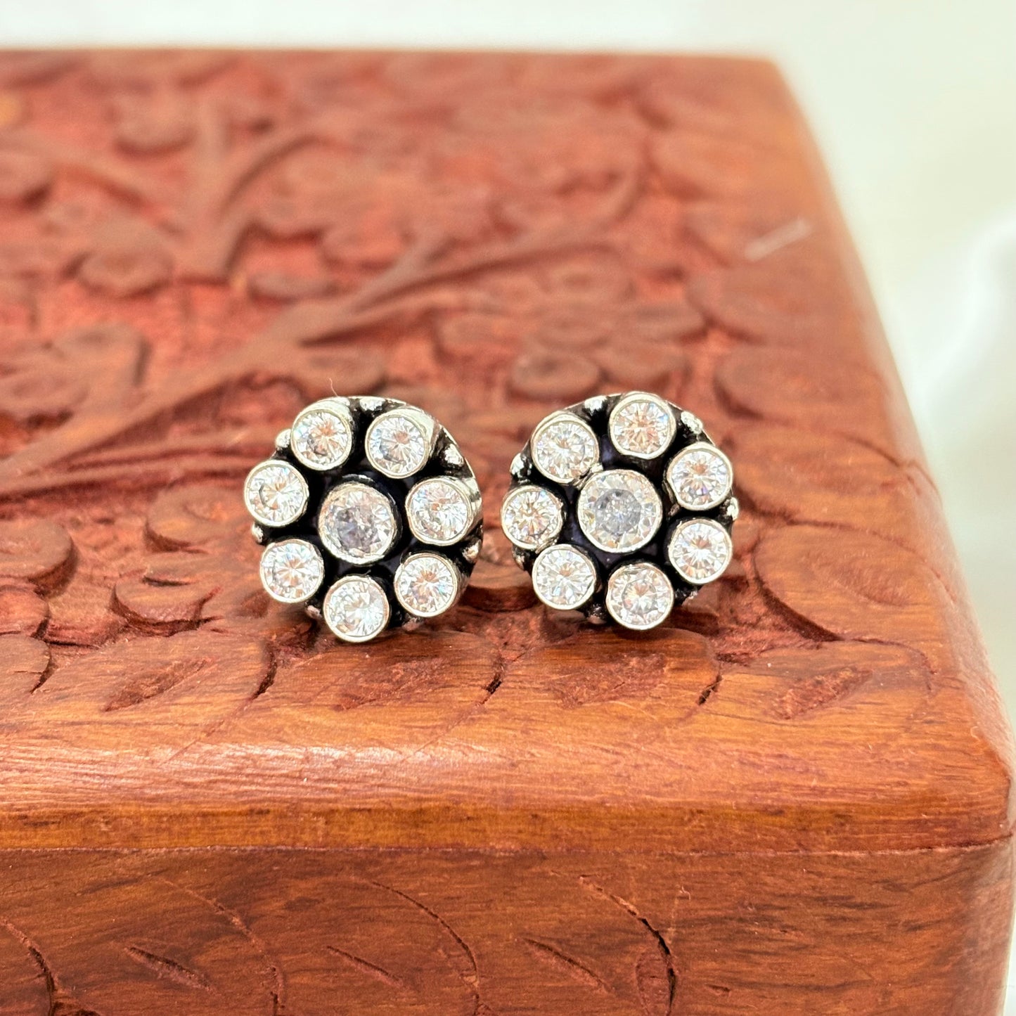 Silver Vintage Floral Halo Stud Earrings