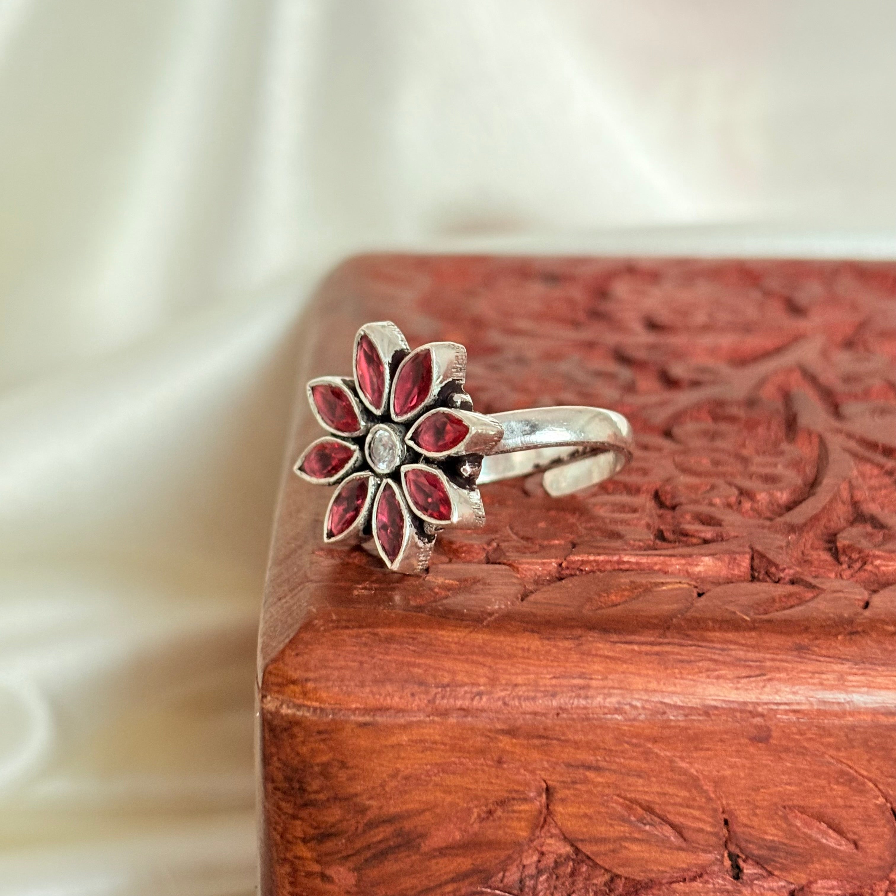 Silver Ruby Floral Minimal Everyday Ring