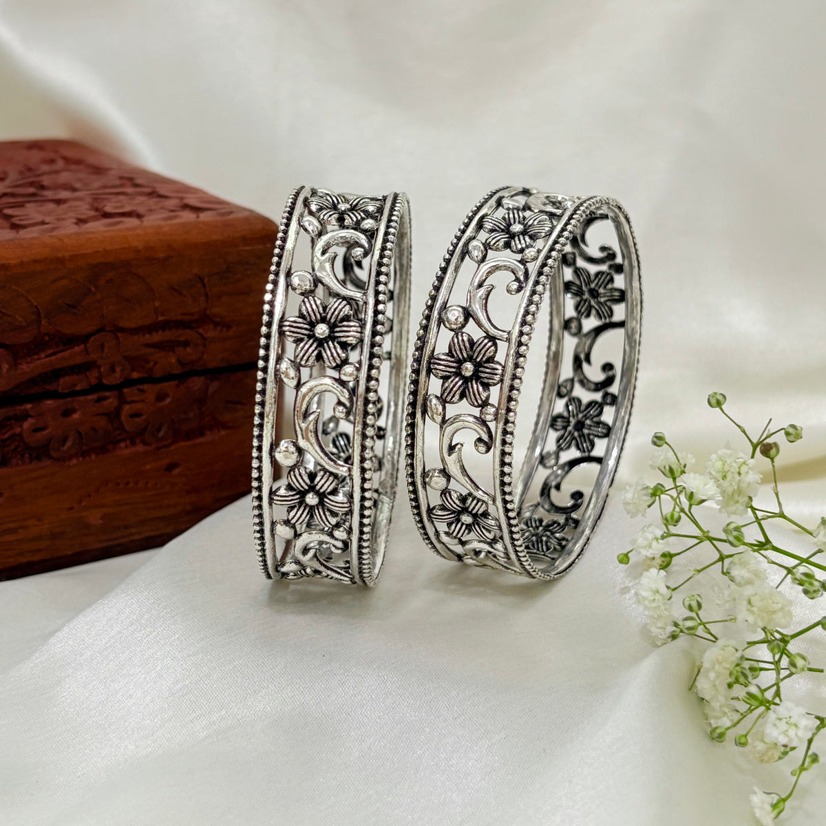 Lotus Grace Oxidized Silver Bangle