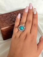 Turquoise Boho Floral Silver Adjustable Ring